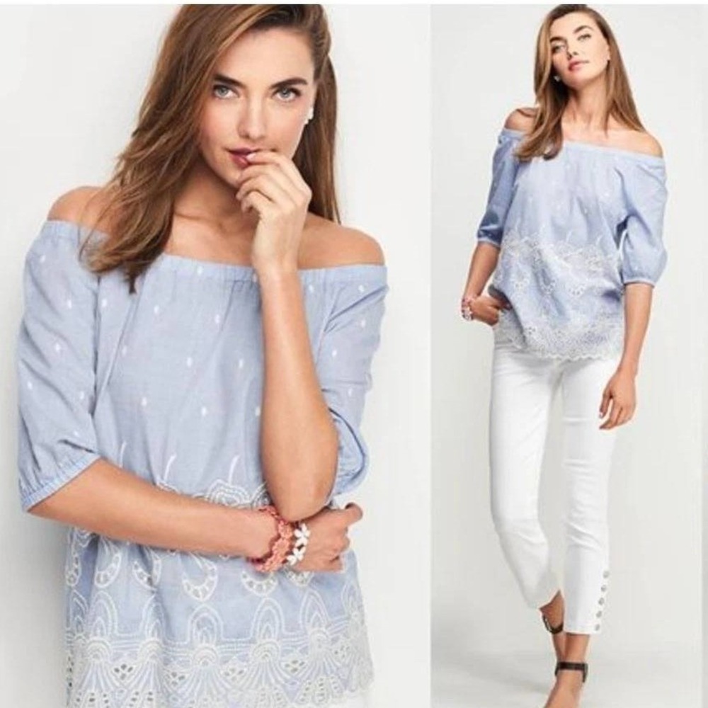 Talbots Blue White‎ Embroidered Off Shoulder Eyelet Top Coastal Chic MP Feminine